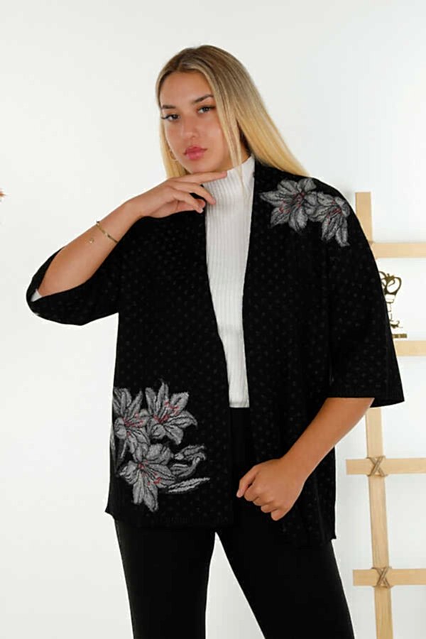 Reel Tekstil - 14GG Üretilen Viskon Elit Triko Hırka Çiçek Nakışlı Kadın Giyim Üreticisi - 30061 | Reel Tekstil