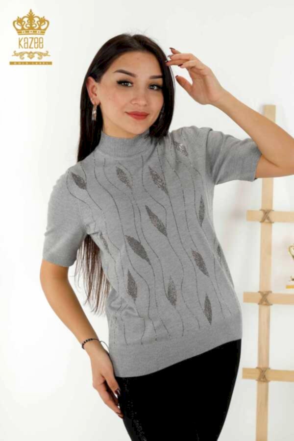 Reel Tekstil - 14GG Üretilen Viskon Elit Triko Yaprak Desenli Taş İşlemeli Kadın Giyim - 30182 | Reel Tekstil