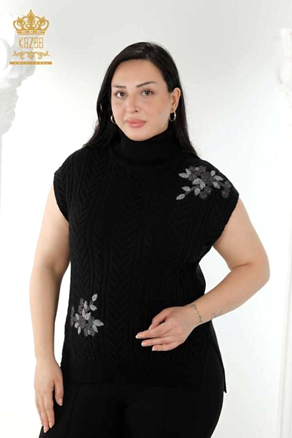 Reel Tekstil - 7GG Üretilen Corespun Triko Süveter Çiçek Desenli Taş İşlemeli Kadın Giyim Üreticisi - 30179 | Reel Tekstil