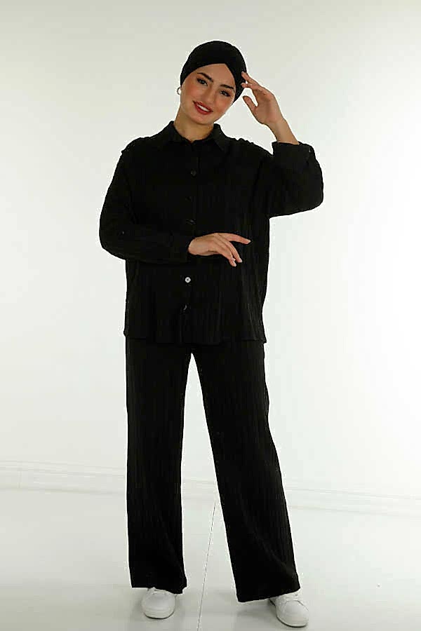 Reel Tekstil - Pamuk Likra Kumaş İle Üretilen Gömlek Pantolon Oversize Fitilli Kadın Giyim Üreticisi - 17710 | Reel Tekstil