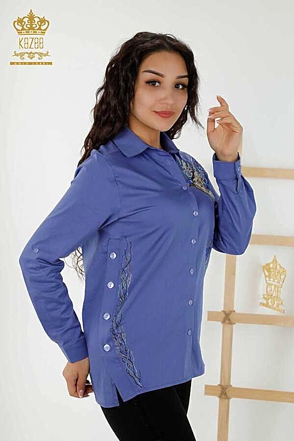 Reel Tekstil - Pamuk Likra Kumaş İle Üretilen Gömlek Kuş Desenli Renkli Taş İşlemeli Kadın Giyim - 20229 | Reel Tekstil