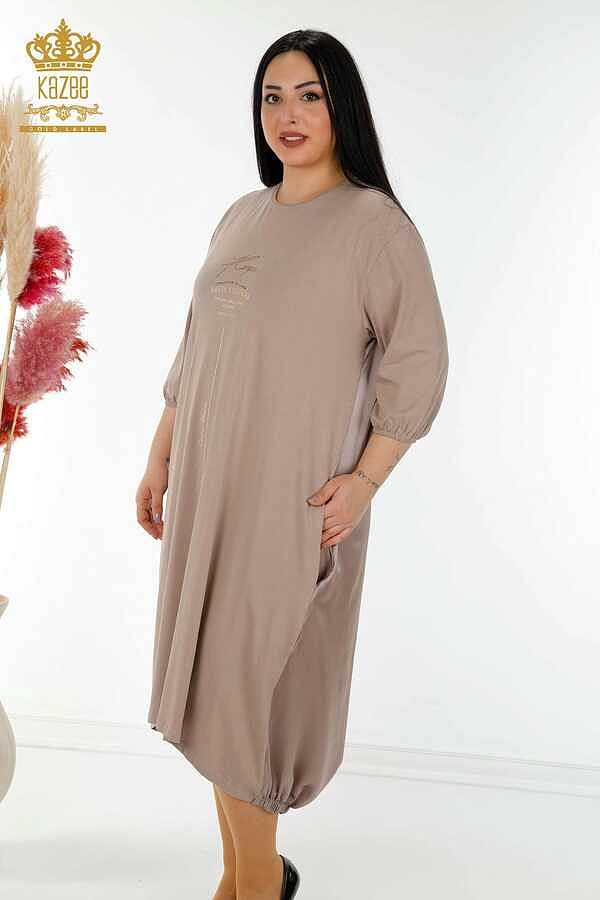 Reel Tekstil - Pamuk Likra Kumaş İle Üretilen Elbise Yazı Detaylı Kadın Giyim - 20331 | Reel Tekstil