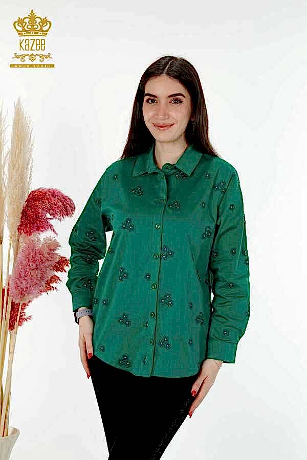 Reel Tekstil - Pamuk Likra Kumaş İle Üretilen Gömlek Çiçek Nakışlı Kadın Giyim Üreticisi - 20350 | Reel Tekstil