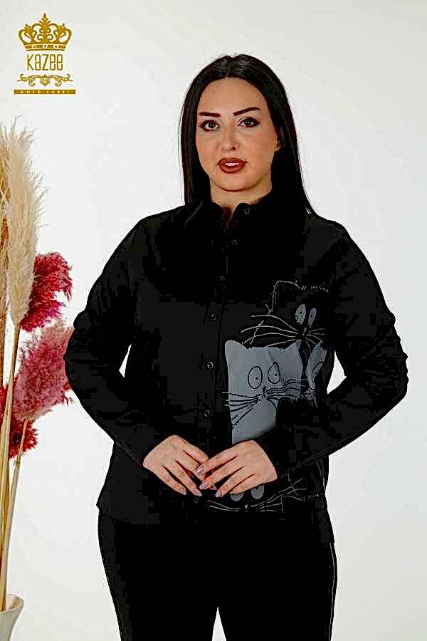 Reel Tekstil - Pamuk Likra Kumaş İle Üretilen Gömlek Kedi Desenli Taş İşlemeli Kadın Giyim - 20318 | Reel Tekstil