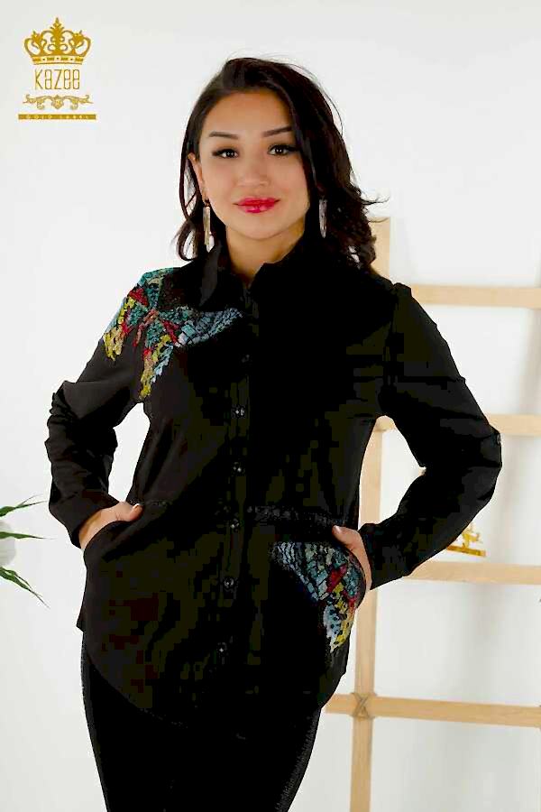 Reel Tekstil - Pamuk Likra Kumaş İle Üretilen Gömlek Kelebek Desenli Kadın Giyim Üreticisi - 20235 | Reel Tekstil