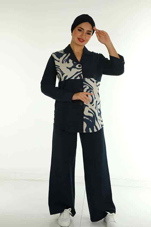 Reel Tekstil - Pamuk Likra Kumaş İle Üretilen Gömlek Pantolon Kapalı Takım Desenli Kadın Giyim Üreticisi - | Reel Tekstil