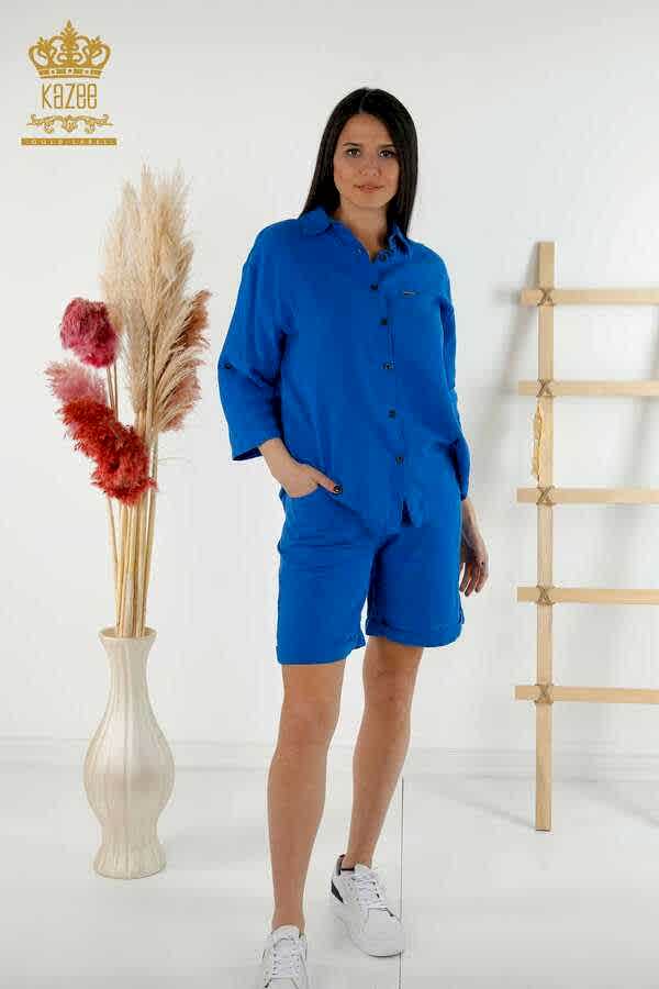 Reel Tekstil - Pamuk Likra Kumaş İle Üretilen Gömlek Şort Takım Cepli Kadın Giyim Üreticisi - 20401 | Reel Tekstil