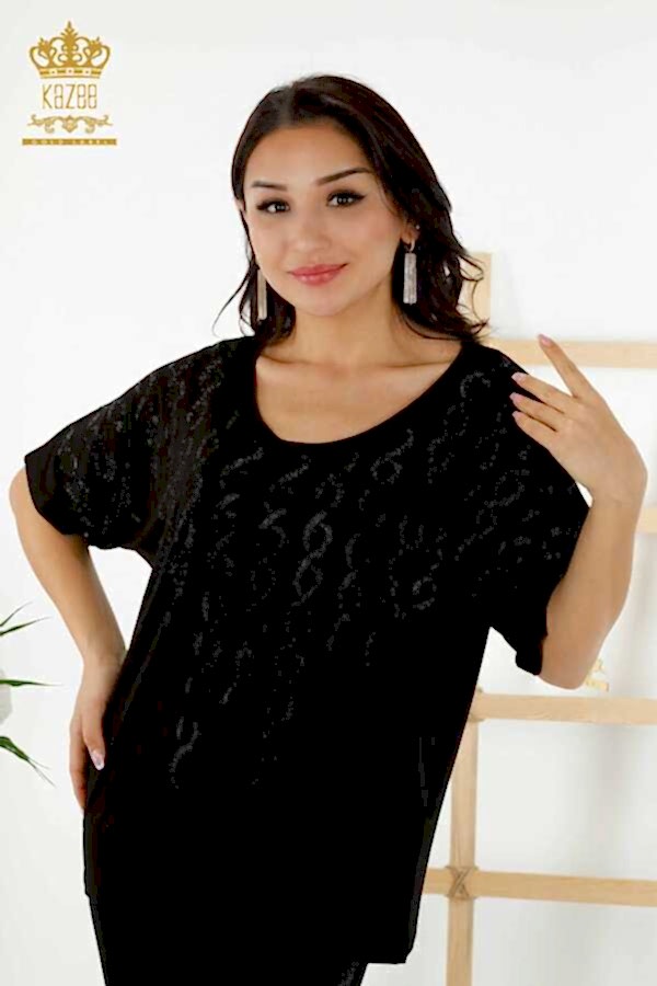 Reel Tekstil - Viskon Kumaş İle Üretilen Bluz Bisiklet Yaka Kadın Giyim - 79069 | Reel Tekstil