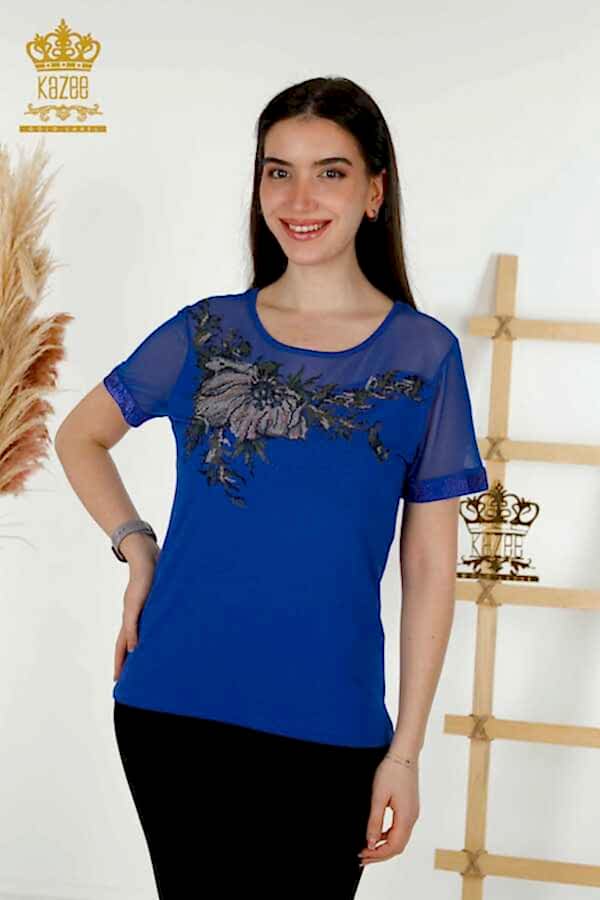 Reel Tekstil - Viskon Kumaş İle Üretilen Bluz Bisiklet Yaka Kadın Giyim - 79106 | Reel Tekstil