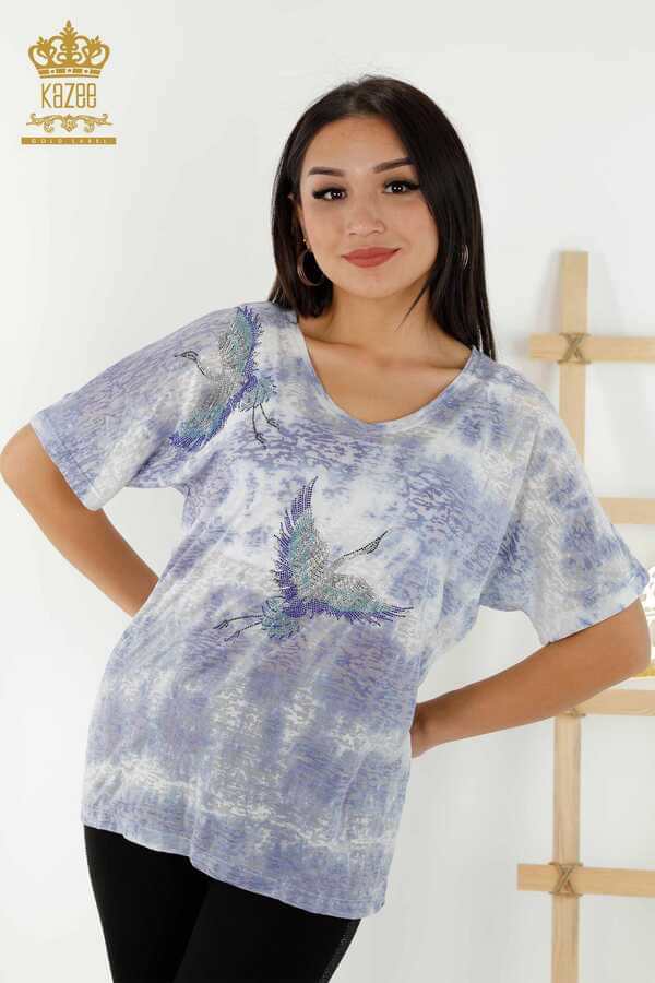 Reel Tekstil - Viskon Kumaş İle Üretilen Bluz Kuş Desenli Taş İşlemeli Kadın Giyim - 79124 | Reel Tekstil